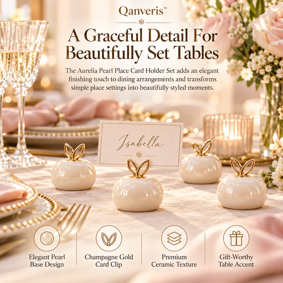 Qanveris™ Aurelia Pearl Place Card Holder Set